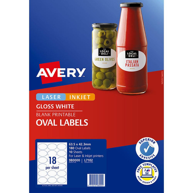 Avery Label L7102 Oval White Glossy 18up 10 Sheets 63x42mm - Office Connect 2018
