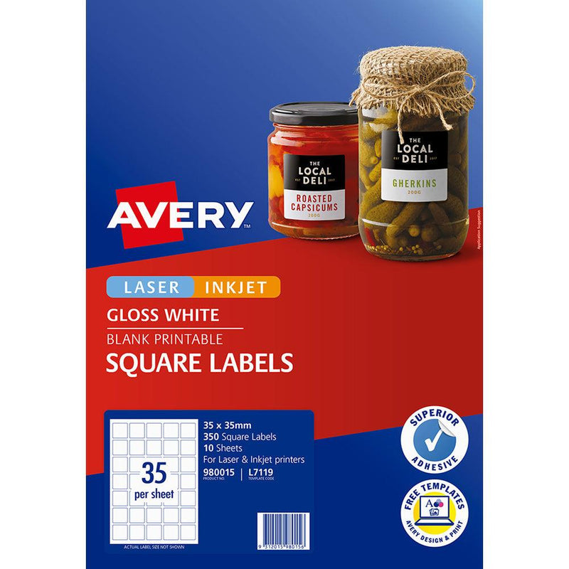 Avery Label L7119 Square White Glossy 35up 10 Sheets 35x35mm - Office Connect 2018