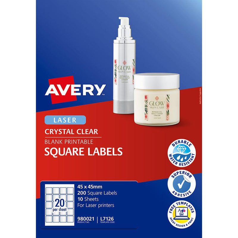 Avery Label L7126 Square Crystal Clear 20up 10 Sheets 45x45mm - Office Connect 2018