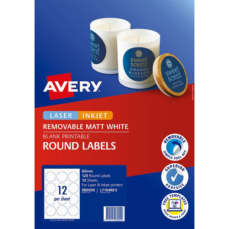 Avery Label L7104REV Round White 60mm 12up 10 Sheets - Office Connect 2018