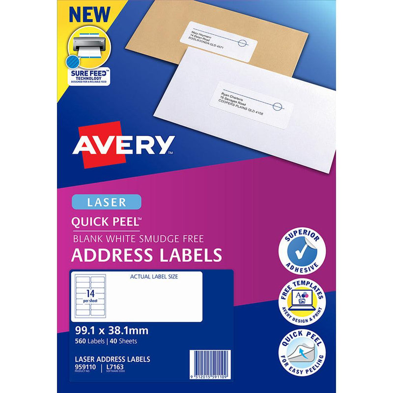 Avery Quick Peel Address Labels L7163 White 99.1x38.1mm 14up 40 Sheets - Office Connect 2018