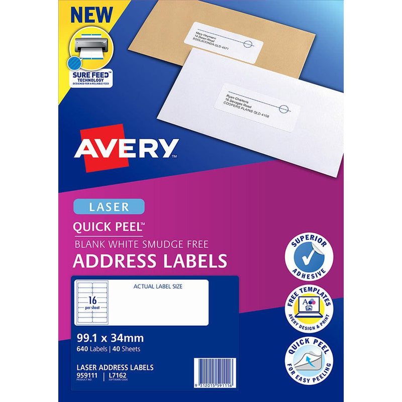 Avery Quick Peel Address Labels L7162 White 99.1x34 16up 40 Sheets - Office Connect 2018