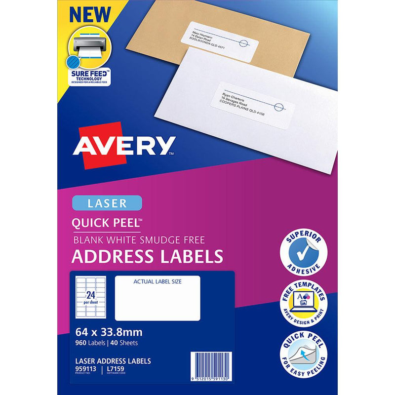 Avery Quick Peel Address Labels L7159 White 64x33.8 24up 40 Sheet - Office Connect 2018