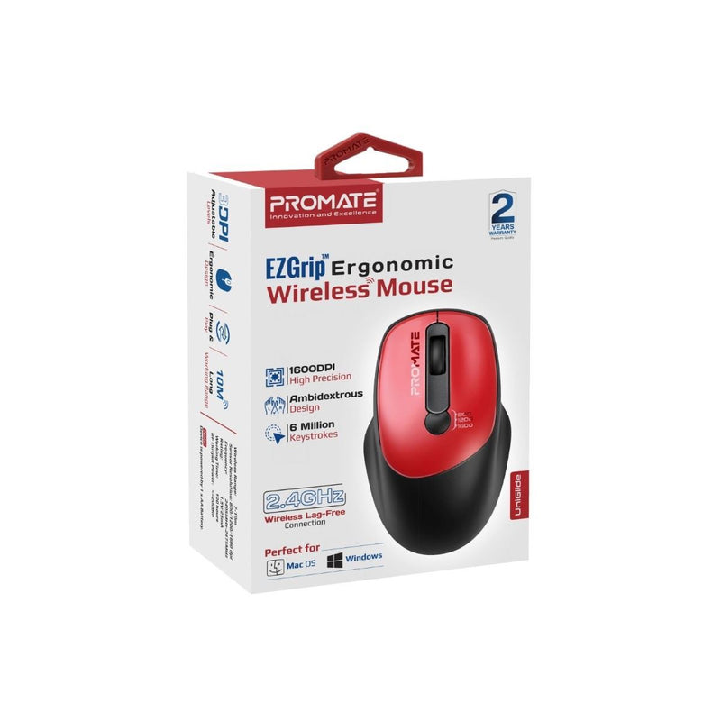 PROMATE EZGrip Ambidextrous Ergonomic Wireless Mouse. 800/1200/1600Dpi, Easy Plug & Play, Up to 6 Millon Keystrokes, Lag-free, Long Life Battery with Low Power Consumption. Red Colour