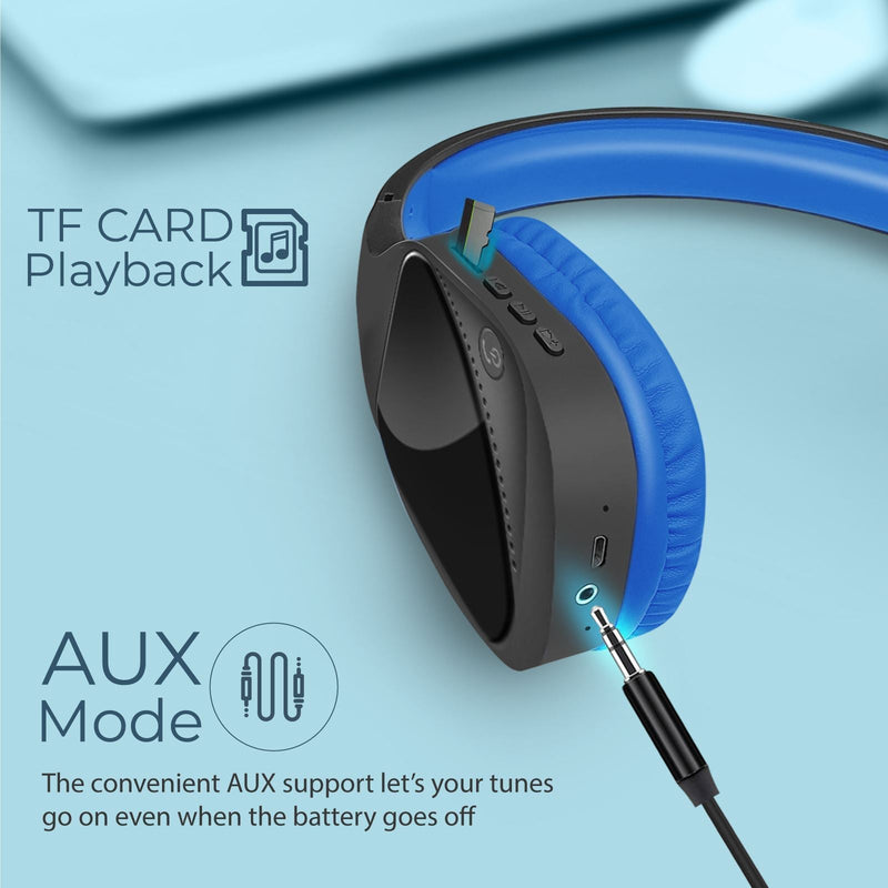 PROMATE Hi-Fi Stereo Bluetooth Wireless Over-Ear Headphones. Up to 10 Hours Playback. 300mAh Battery, Up to 10m Operating Distance, Integrated Microphone, FM 87.5-108MHz, AUX Port. Blue Colour.