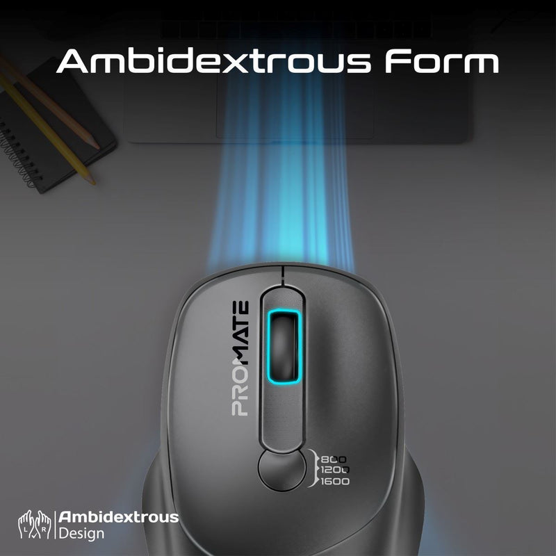 PROMATE EZGrip Ambidextrous Ergonomic Wireless Mouse. 800/1200/1600Dpi, Easy Plug & Play, Up to 6 Millon Keystrokes, Lag-free, Long Life Battery with Low Power Consumption. Black Colour