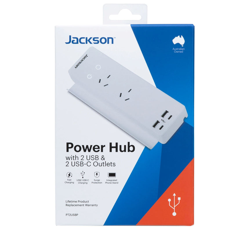 JACKSON 10A Power Hub with 2x USB-A, 2x USB-C Ports & 2x 3Pin Power Outlets. Integrated Phone Stand. Surge Protection. Indicator Light. Cable Management. 1.2m Lead with Right Angle Plug. - Office Connect 2018