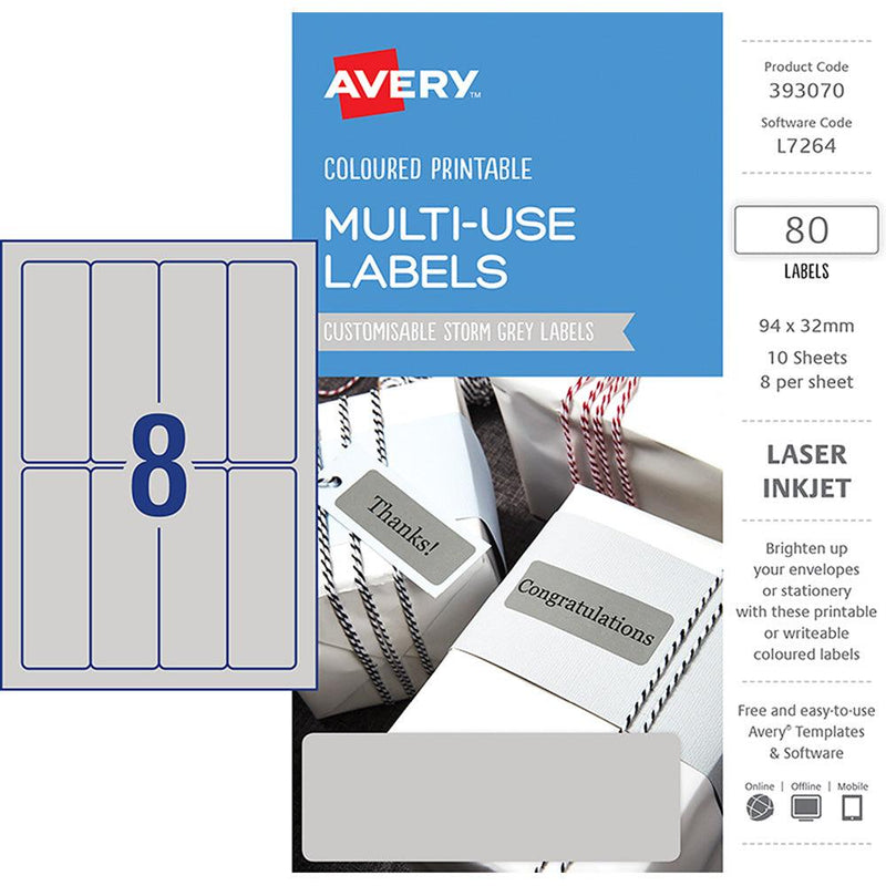 Avery Labels L7264 Storm Grey 32x94 A5 8up 10 Sheets - Office Connect 2018