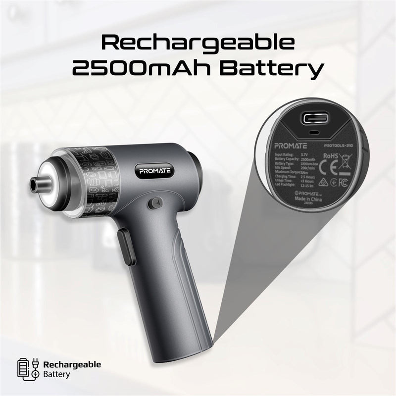 PROMATE 36-Pieces Cordless Electric DIY Hand held ScrewDriver Kit with LED Fill Light. 200RPM with 5N.m of Torque. Built-in 2500mAh Battery, USB-C Charging Port, 32 Magnetic Screwdriver Bits. - Office Connect 2018