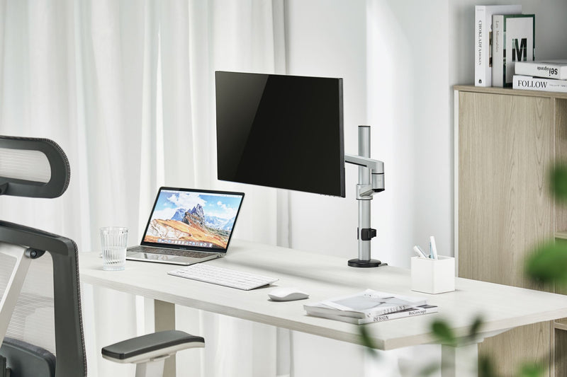 BRATECK 17"-32" Single Arm Premium Articulating Monitor Mount. Arm Extension 466mm, Built-in Cable Management, Detachable VESA Plate. Desk Clamp & Grommet Mounting Inc. Matte Grey Colour.