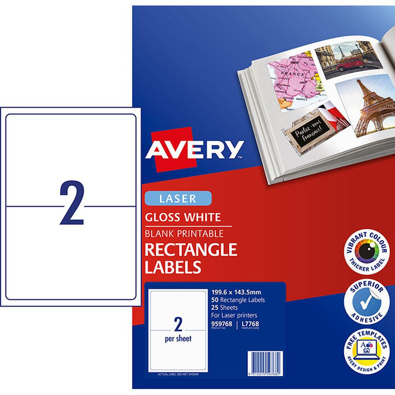 Avery Multi-Purpose Labels L7768-25 200x144mm Laser 2up 25 Sheets - Office Connect 2018