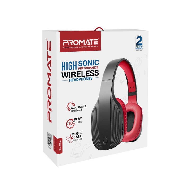 PROMATE Bluetooth Wireless OverEar Headphones. Up to 10 Hours Playback 300mAh Battery, Up to 10m Operating Distance. Integrated Microphone, FM 87.5-108MHz, AUX Port, Built-in On Ear Controller. Black/Maroon Colour