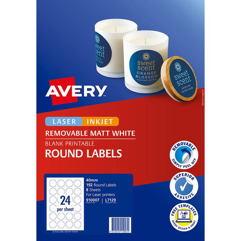 Avery Label L7129 Round Matte White 40mm 24up 8 Sheets - Office Connect 2018