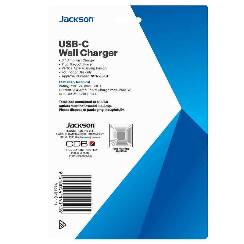 JACKSON USB 3.4A Wall Charger. Includes 2x USB-A & 2x USB-C Ports Plus 1x 3-Pin Socket. 230-240Vac, 50Hz. Charge 4x Devices Simultaneously. Compact Design. For Indoor Use Only. Matte White