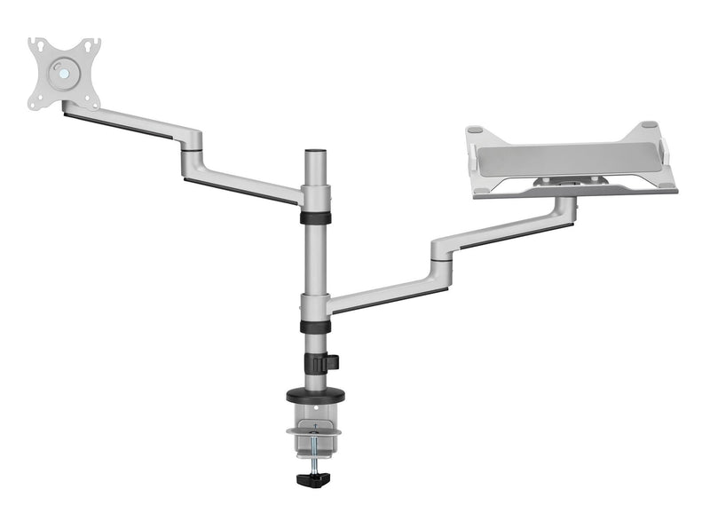 BRATECK 17"-32" Dual  Arm Premium Articulating Monitor Arm & PC Tray. Arm Extension 466mm, Built-in Cable Management, Detachable VESA Plate. Desk Clamp & Grommet Mounting Inc. Matte Grey Colour.