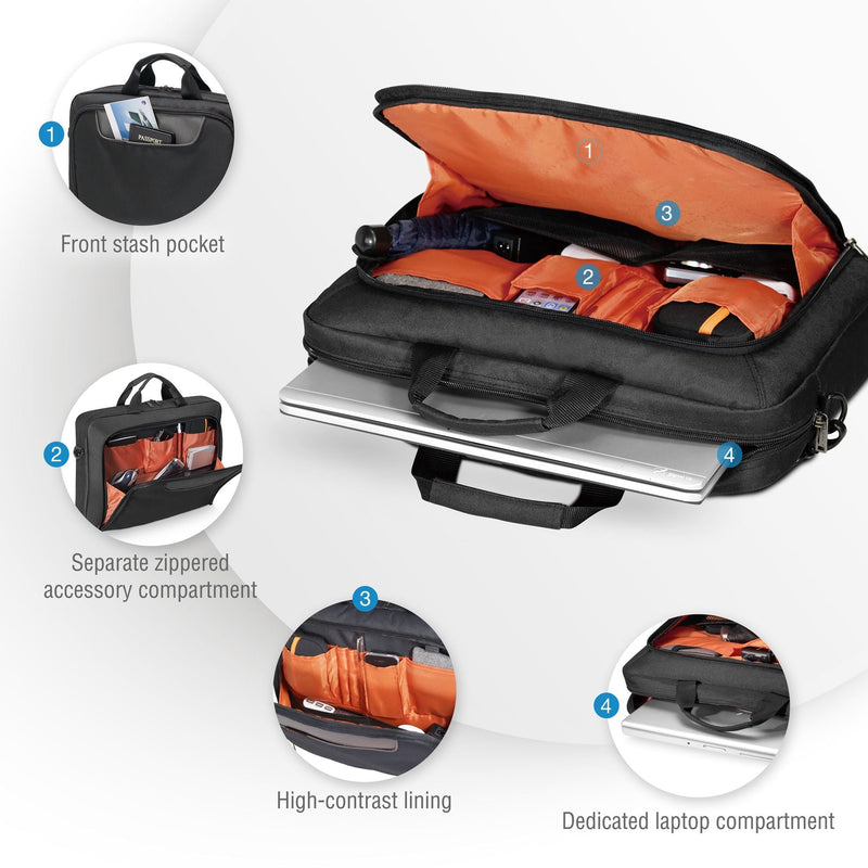 EVERKI Advance Briefcase 17.3'', Separate zippered accessory pocket, Front stash pocket, Trolley handle pass through strap, Ergonomic shoulder pad - Office Connect 2018