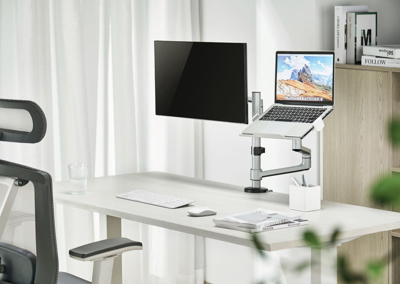 BRATECK 17"-32" Dual  Arm Premium Articulating Monitor Arm & PC Tray. Arm Extension 466mm, Built-in Cable Management, Detachable VESA Plate. Desk Clamp & Grommet Mounting Inc. Matte Grey Colour.