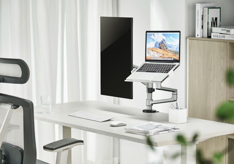 BRATECK 17"-32" Dual  Arm Premium Articulating Monitor Arm & PC Tray. Arm Extension 466mm, Built-in Cable Management, Detachable VESA Plate. Desk Clamp & Grommet Mounting Inc. Matte Grey Colour.