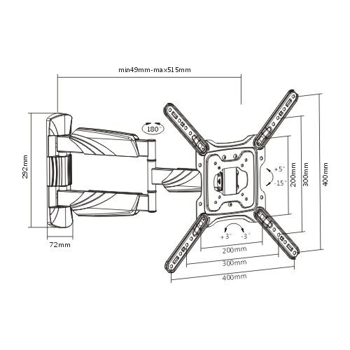 BRATECK 23''-55'' Full motion TV wall mount bracket. Extend, tilt and swivel. VESA Support up to: 400x400 Max load: 35kg. Profile: 49-515mm. Hidden cable management. Colour: Black. - Office Connect 2018