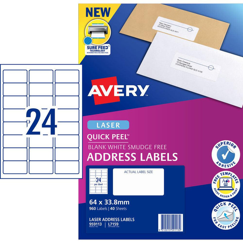 Avery Quick Peel Address Labels L7159 White 64x33.8 24up 40 Sheet - Office Connect 2018