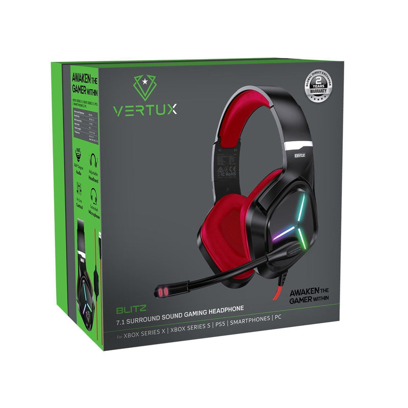 VERTUX 7.1 Surround Sound Gaming Headphone with Noise Isolating Microphone. Inline Controller, USB Connection, Adjustable Headband, 360 Degree Audio, Multi-Platform Compatibility. Black/Red Colour