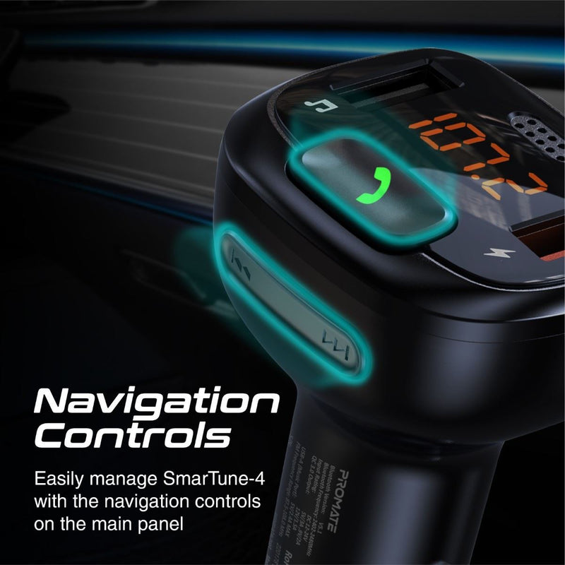 PROMATE Wirless In-Car FM Transmitter with Handsfree & QC3.0. Bult-in Mic, Bluetooth, SD Card Slot, Frequency Range 87.5-108MHz, Output 5V/2.4A. Black Colour