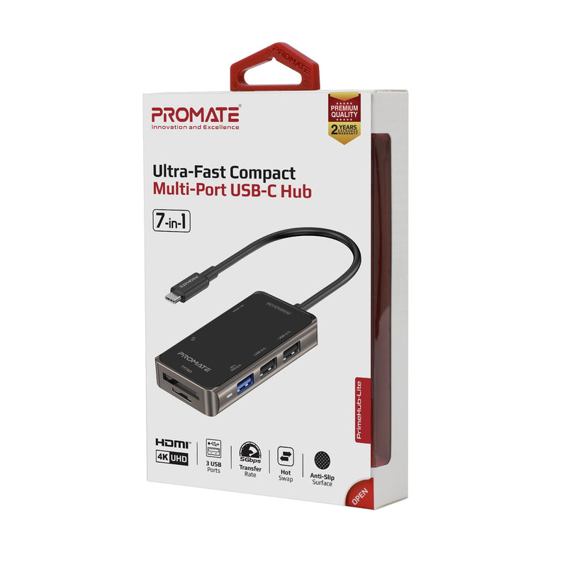 PROMATE 6-in-1 USB Multi-Port Hub with USB-C Connector with 4K HDMI Port, Dual USB-A 2.0 Ports, 1x USB-A 3.0 5Gbps Port, SD/TF Card Slots. Grey Colour.