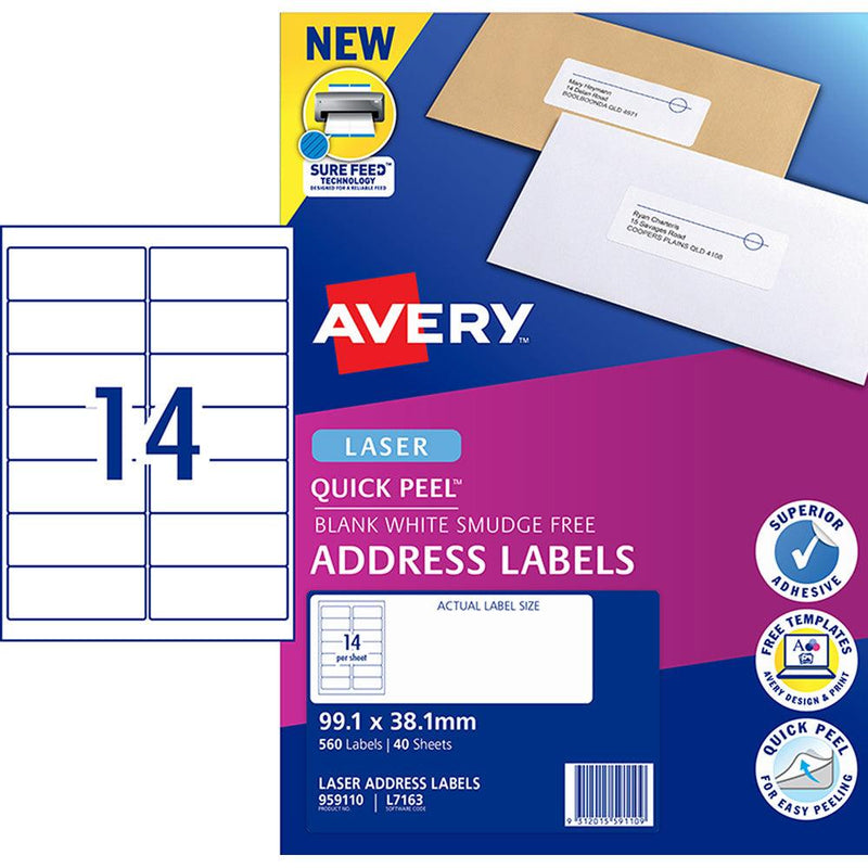 Avery Quick Peel Address Labels L7163 White 99.1x38.1mm 14up 40 Sheets - Office Connect 2018