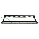 DYNAMIX Horizontal 19 1RU Unloaded 24 Port STP Patch Panel, with Rear Cable Management bar. Includes Earthing Wire and Plastic Labelling Kit. RoHS, Numbered 1-24 - Office Connect 2018
