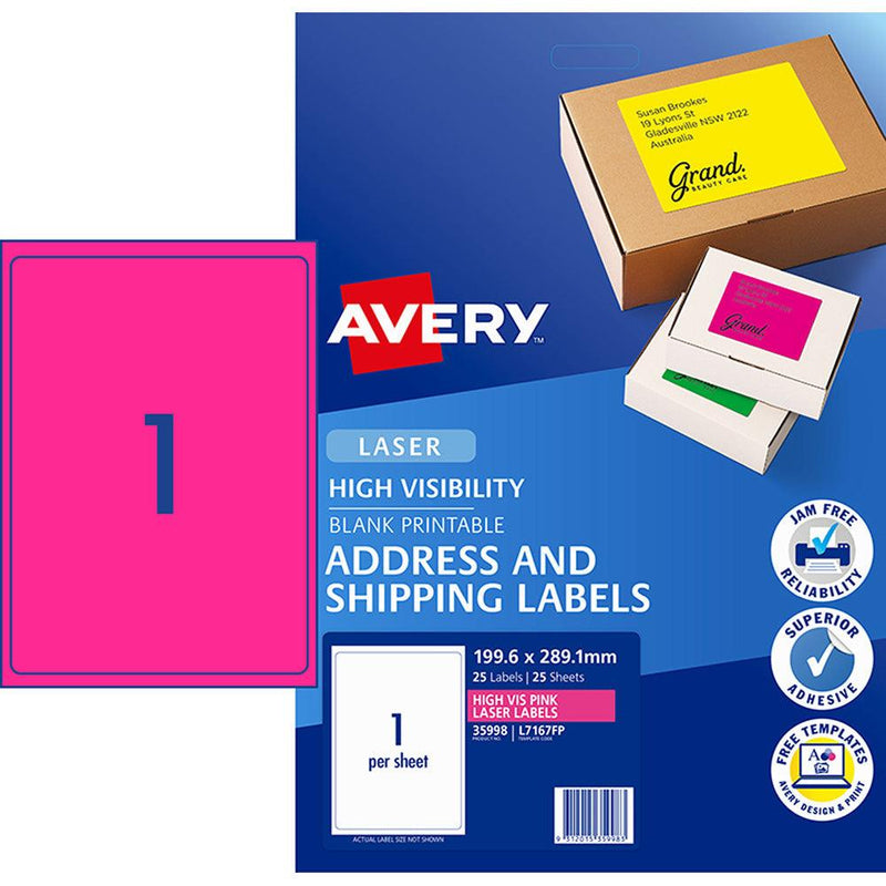 Avery Shipping Label L7167FP Flo Pink Laser 199.6 X 289.1mm 1up 25 Sheets - Office Connect 2018