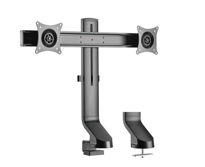 BRATECK 17-27'' Dual monitor desk mount. Sit/Stand workstation Compatible. Max load 7Kgs. Supports VESA 75x75 & 100x100. Rotate, tilt and swivel. Colour: Black.