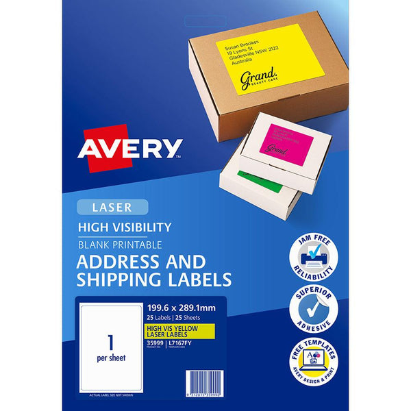 Avery Shipping Label L7167FY Flo Yellow Laser 199.6x289.1mm 1up 25 Sheets - Office Connect 2018