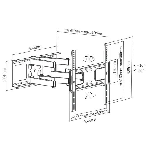 BRATECK 32''-55'' Full motion bracket Max load: 50Kgs. VESA support: 200x200,300x300,400x200,400x400 Max arm extension - 510mm. Curved display compatible. Colour: Black.