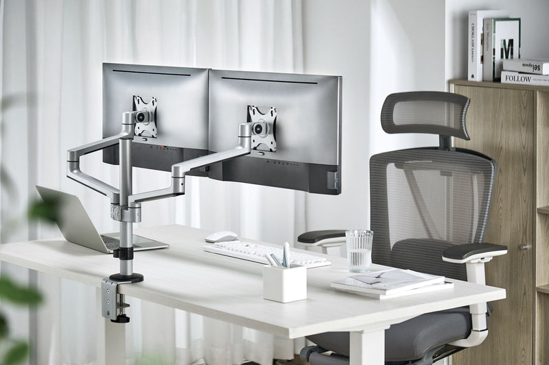 BRATECK 17"-32" Dual  Arm Premium Articulating Monitor Mount. Arm Extension 447mm, Built-in Cable Management, Detachable VESA Plate. Desk Clamp & Grommet Mounting Inc. Matte Grey Colour. - Office Connect 2018