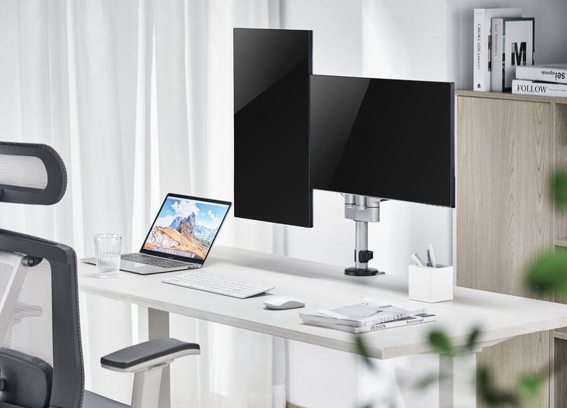 BRATECK 17"-32" Dual  Arm Premium Articulating Monitor Mount. Arm Extension 447mm, Built-in Cable Management, Detachable VESA Plate. Desk Clamp & Grommet Mounting Inc. Matte Grey Colour. - Office Connect 2018