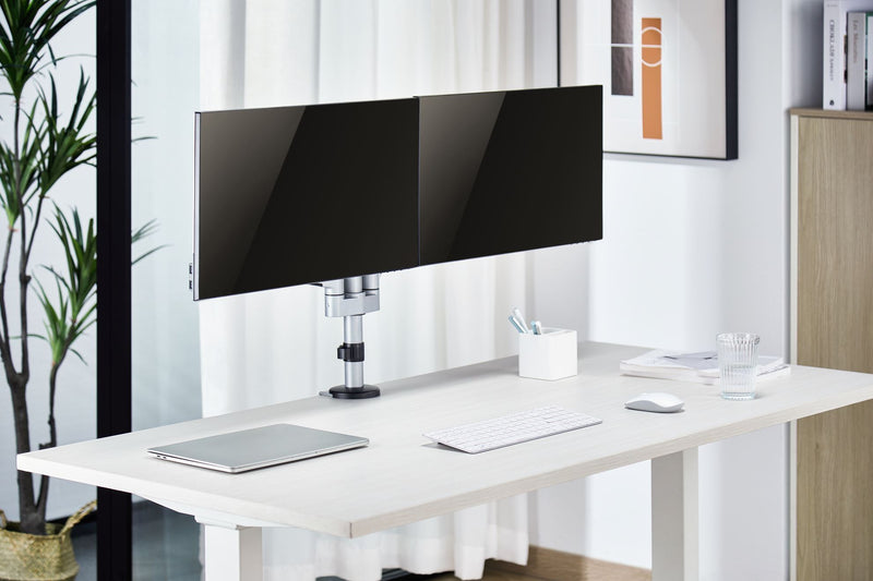 BRATECK 17"-32" Dual  Arm Premium Articulating Monitor Mount. Arm Extension 447mm, Built-in Cable Management, Detachable VESA Plate. Desk Clamp & Grommet Mounting Inc. Matte Grey Colour. - Office Connect 2018