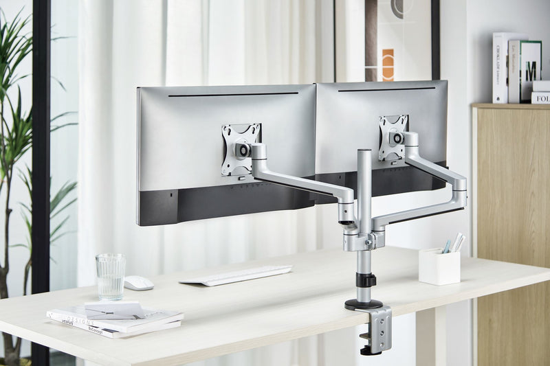 BRATECK 17"-32" Dual  Arm Premium Articulating Monitor Mount. Arm Extension 447mm, Built-in Cable Management, Detachable VESA Plate. Desk Clamp & Grommet Mounting Inc. Matte Grey Colour. - Office Connect 2018