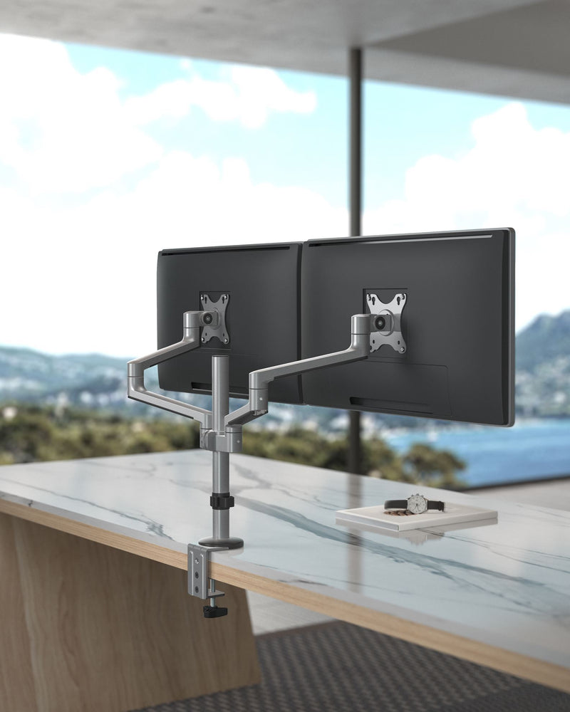 BRATECK 17"-32" Dual  Arm Premium Articulating Monitor Mount. Arm Extension 447mm, Built-in Cable Management, Detachable VESA Plate. Desk Clamp & Grommet Mounting Inc. Matte Grey Colour. - Office Connect 2018