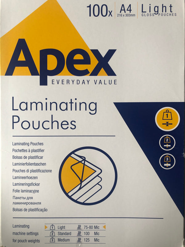 Apex A4 Laminating Pouches – Light Gloss (100 Pack) - Office Connect 2018