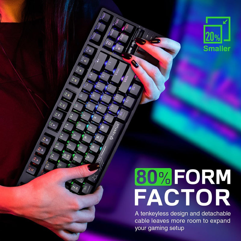 VERTUX HyperSpeed Mechanical Gaming Keyboard. RGB LED Backlit Keys. Built-in 2000mAh Battery. All Keys are Anti-Ghosting. Connects Wirelessly via Bluetooth or USB-C. 2000mAh Battery for 12 Hours Life - Office Connect 2018