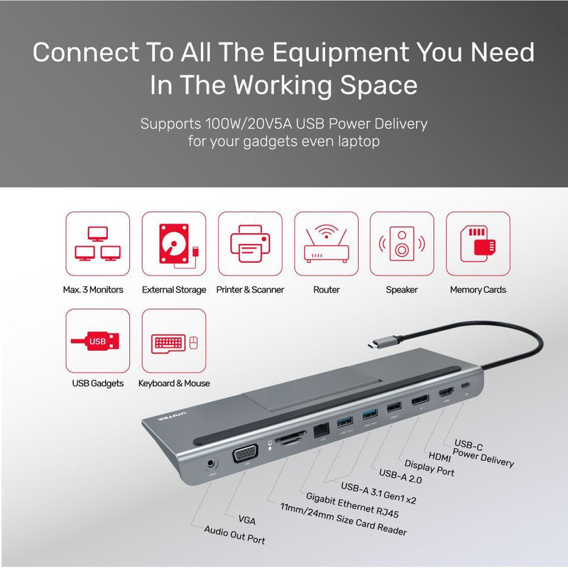 UNITEK 11-in-1 USB-C Ethernet Hub and Docking Station. MST - Triple Displays - HDMI + VGA + DisplayPort Power Delivery 85W, SD and MicroSD Card Reader. Laptop and Mobile JUNE Promo - Includes FREE C137W - Office Connect 2018
