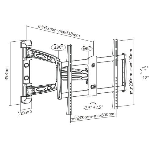 BRATECK 37"-70" Full Motion Bracket Extend, Tilt & Swivel. VESA Support up to: 600x400. Max Arm Extension - 518mm. Max Load: 35Kgs