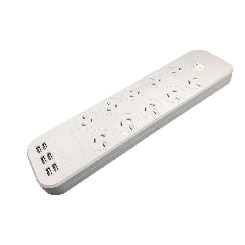 JACKSON 10-Way Powerboard with 6x USB-A Fast Charging Ports (4.5A) 10 Surge Protected Power Outlets On-Board Master Switch. Safety Overload Protection. Mounting Slots on Back. 1M Power Lead. - Office Connect 2018