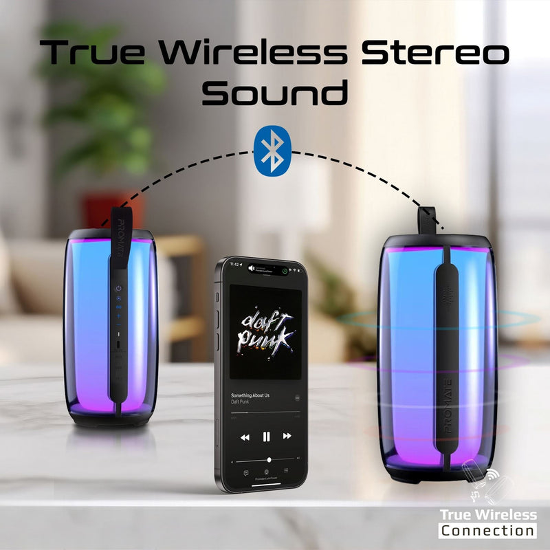 PROMATE 8W Wireless HD Bluetooth Portable Speaker with LED Lighting. Built-in 2200mAh Battery, Up to 6 Hours Playback. Connect 2x for Stereo Sound, IPX4 Water-Resist 360 Degree Light Show.