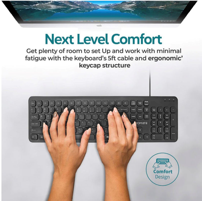 PROMATE Ultra-Slim Wired Keyboard with Angled Kickstand. Dedicated Volume Controls. Low Profile with Concave Keys. Plug and Play Compatible with Windows and Mac