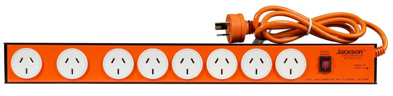 JACKSON 8 Outlet Powerboard with Heavy Duty Metal Housing, Surge Protection, RFI Filtration. Wall Mountable. 2 spaced outlets. 1.2m Power Lead. - Office Connect 2018