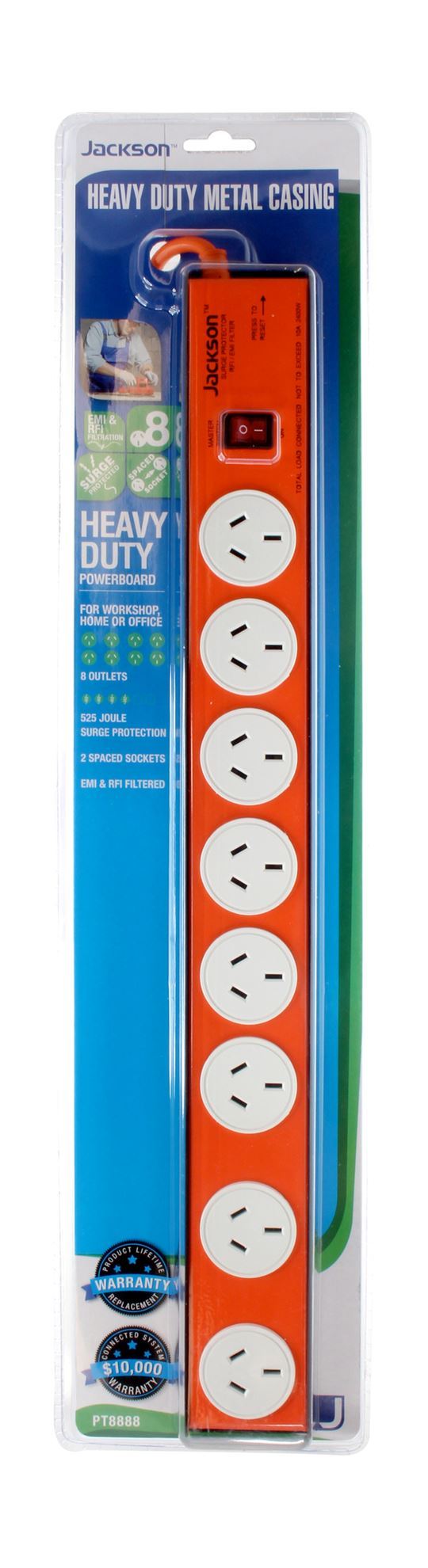 JACKSON 8 Outlet Powerboard with Heavy Duty Metal Housing, Surge Protection, RFI Filtration. Wall Mountable. 2 spaced outlets. 1.2m Power Lead. - Office Connect 2018