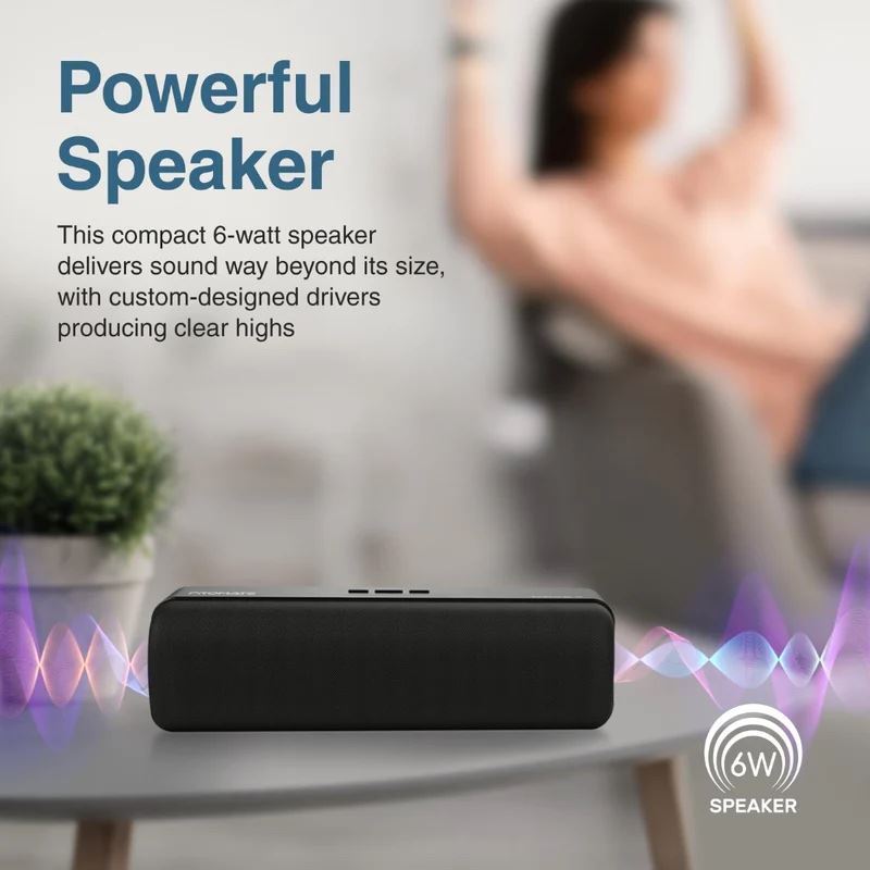 PROMATE 6W Wireless HD Bluetooth Portable Speaker. Built-in 1200mAh Lithium Battery. Up to 4 Hours Playback. 3.5mm Audio Jack, USB or MicroSD Playback. Operating Distance 10m. Black.