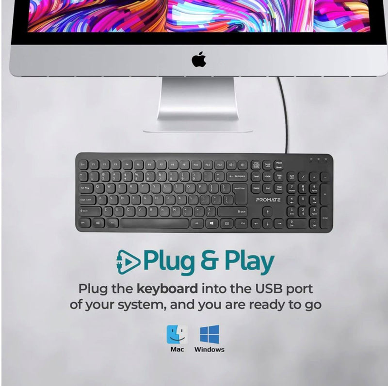 PROMATE Ultra-Slim Wired Keyboard with Angled Kickstand. Dedicated Volume Controls. Low Profile with Concave Keys. Plug and Play Compatible with Windows and Mac