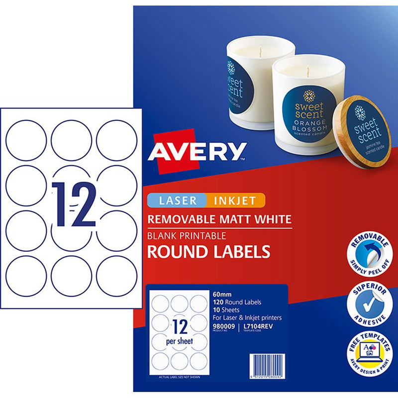 Avery Label L7104REV Round White 60mm 12up 10 Sheets - Office Connect 2018